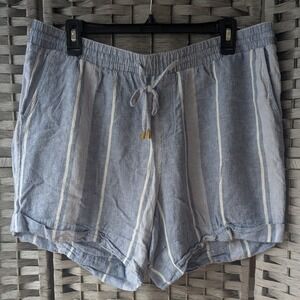 Chambray Blue & White Linen Blend Striped Drawstring Pull On Shorts Womens Sz L